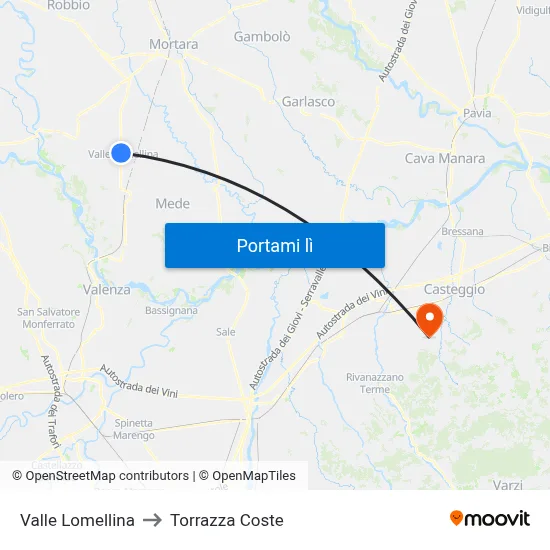 Valle Lomellina to Torrazza Coste map