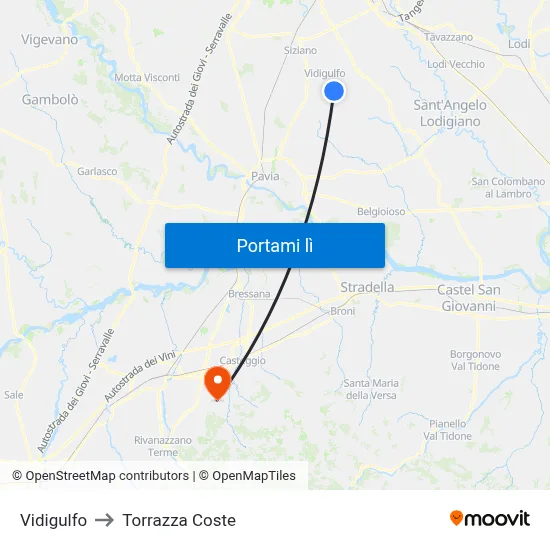 Vidigulfo to Torrazza Coste map