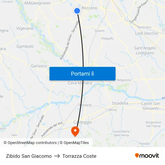 Zibido San Giacomo to Torrazza Coste map