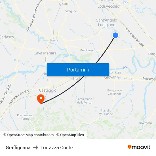 Graffignana to Torrazza Coste map