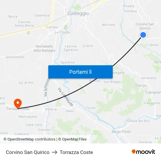 Corvino San Quirico to Torrazza Coste map