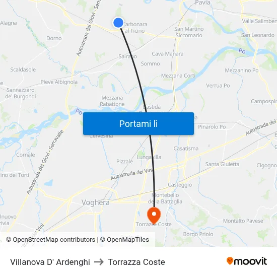 Villanova D' Ardenghi to Torrazza Coste map