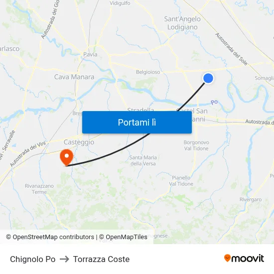 Chignolo Po to Torrazza Coste map
