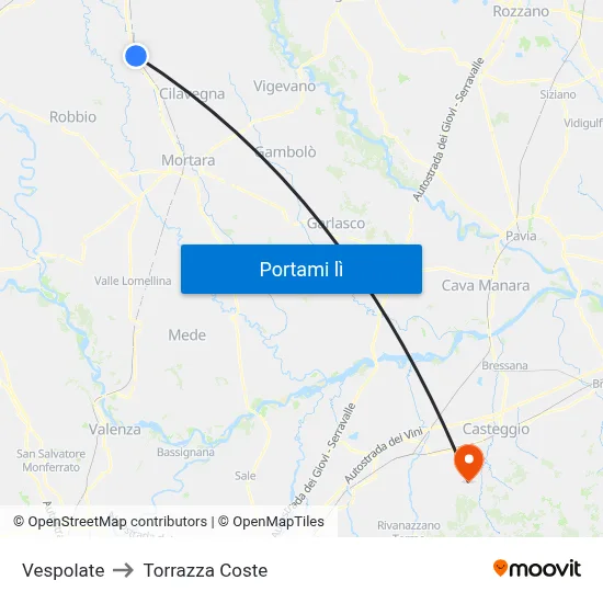 Vespolate to Torrazza Coste map