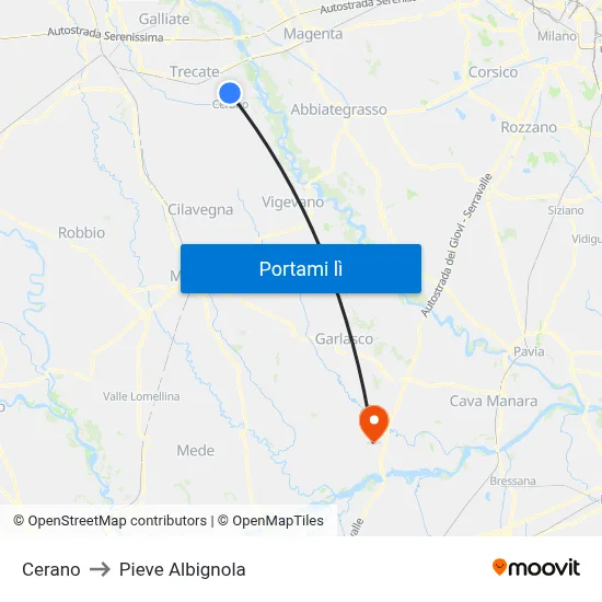 Cerano to Pieve Albignola map