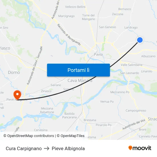 Cura Carpignano to Pieve Albignola map