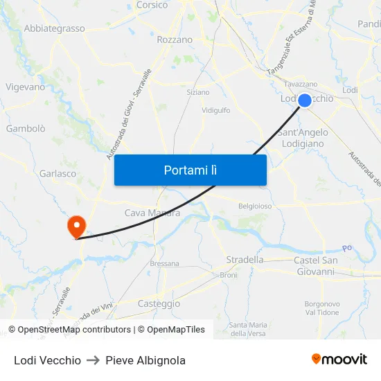 Lodi Vecchio to Pieve Albignola map