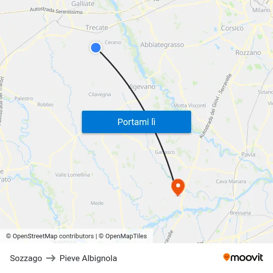 Sozzago to Pieve Albignola map