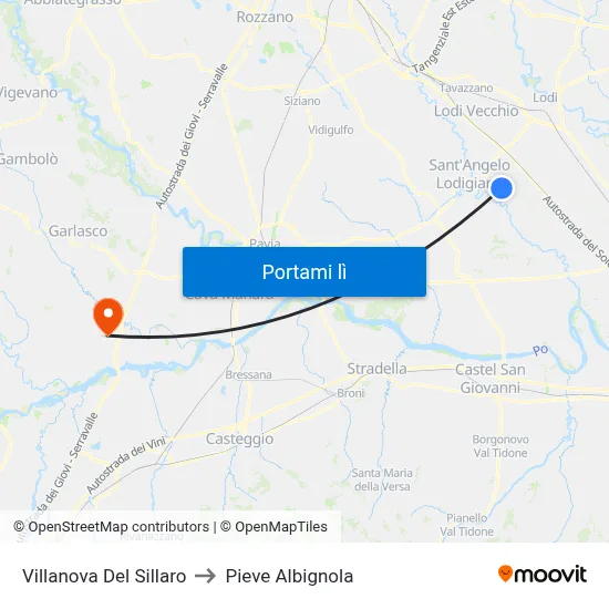 Villanova Del Sillaro to Pieve Albignola map