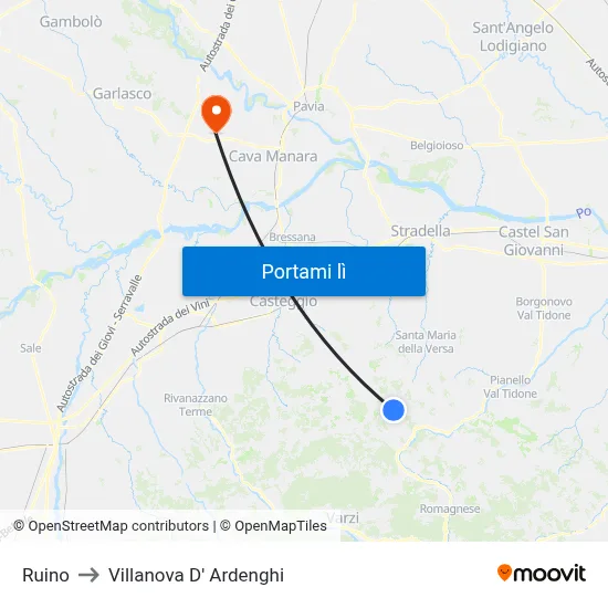 Ruino to Villanova D' Ardenghi map