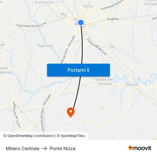 Milano Centrale to Ponte Nizza map