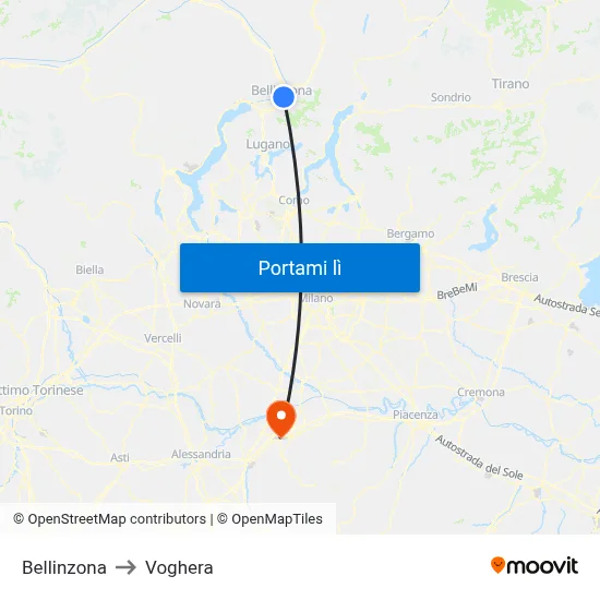 Bellinzona to Voghera map