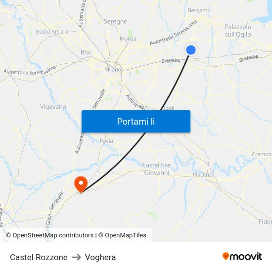 Castel Rozzone to Voghera map