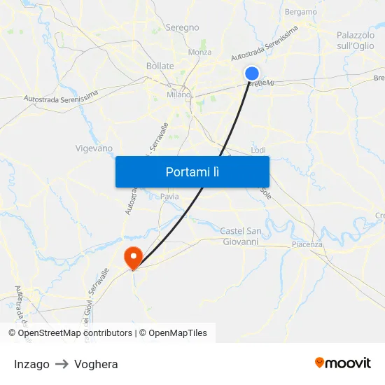 Inzago to Voghera map