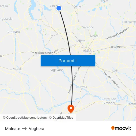 Malnate to Voghera map