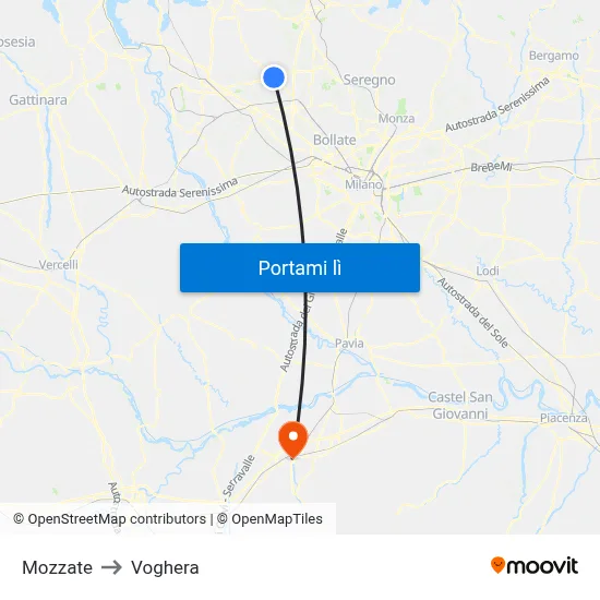 Mozzate to Voghera map