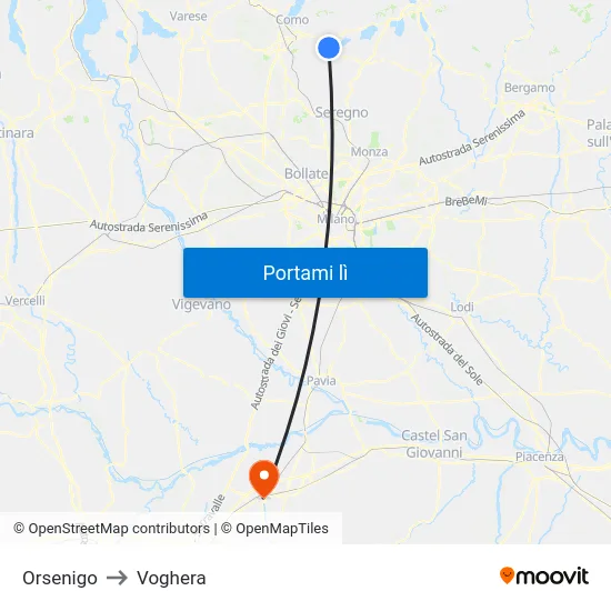 Orsenigo to Voghera map