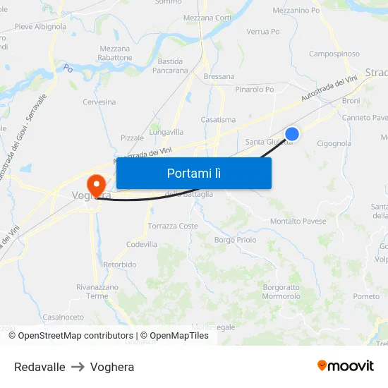 Redavalle to Voghera map