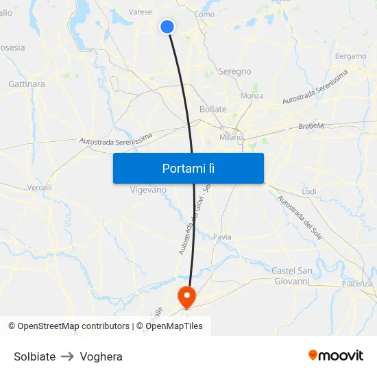Solbiate to Voghera map