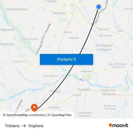 Tribiano to Voghera map