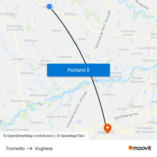 Tromello to Voghera map
