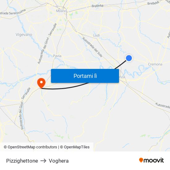 Pizzighettone to Voghera map