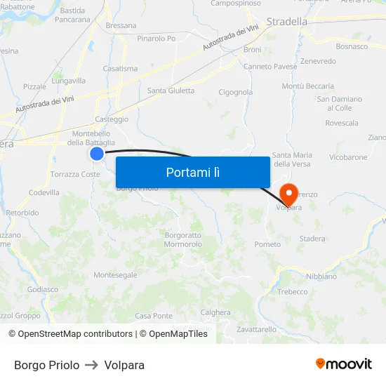 Borgo Priolo to Volpara map