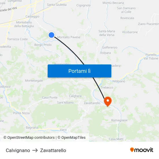 Calvignano to Zavattarello map