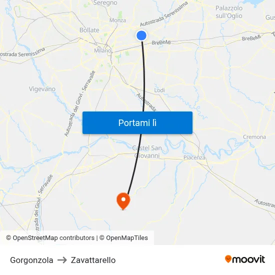 Gorgonzola to Zavattarello map