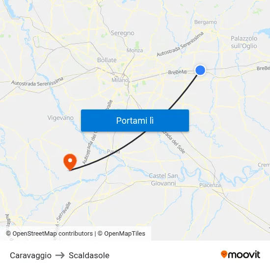 Caravaggio to Scaldasole map