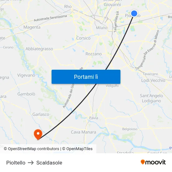 Pioltello to Scaldasole map