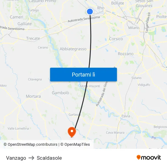 Vanzago to Scaldasole map