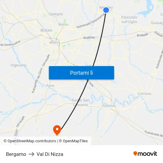 Bergamo to Val Di Nizza map