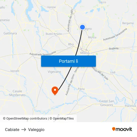 Cabiate to Valeggio map