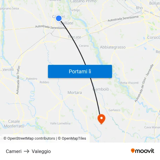Cameri to Valeggio map