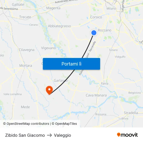 Zibido San Giacomo to Valeggio map
