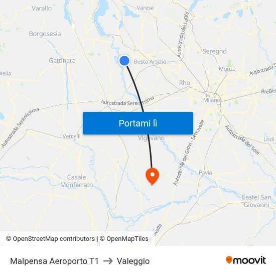 Malpensa Aeroporto T1 to Valeggio map