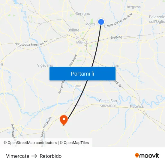 Vimercate to Retorbido map