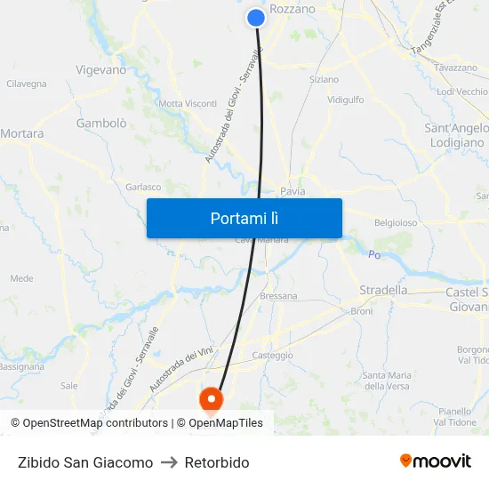 Zibido San Giacomo to Retorbido map