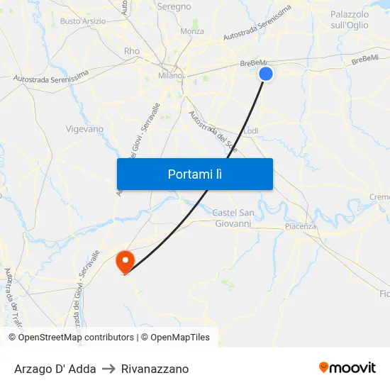 Arzago D' Adda to Rivanazzano map