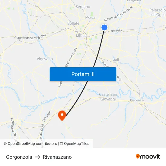 Gorgonzola to Rivanazzano map