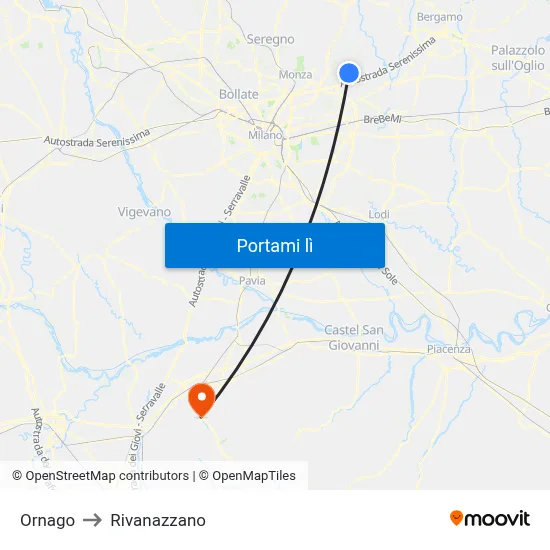 Ornago to Rivanazzano map