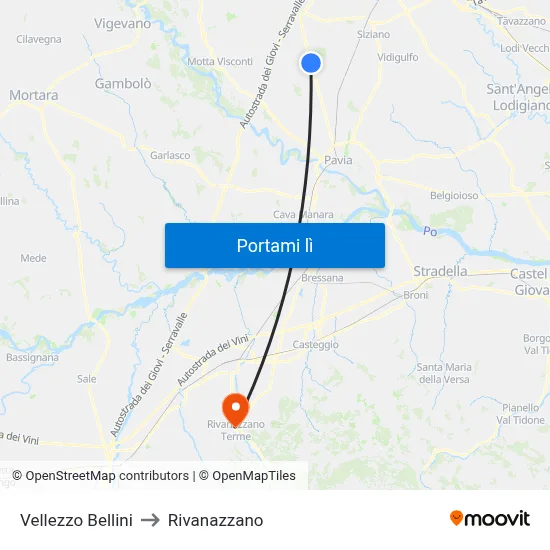 Vellezzo Bellini to Rivanazzano map