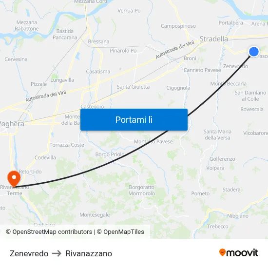 Zenevredo to Rivanazzano map
