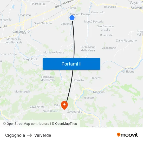 Cigognola to Valverde map