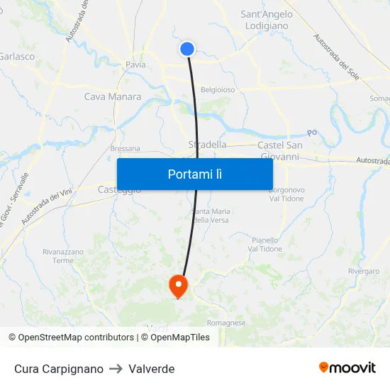 Cura Carpignano to Valverde map