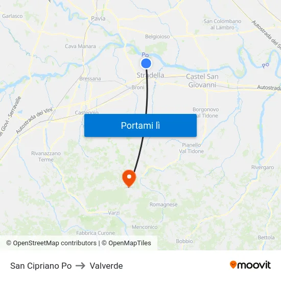 San Cipriano Po to Valverde map