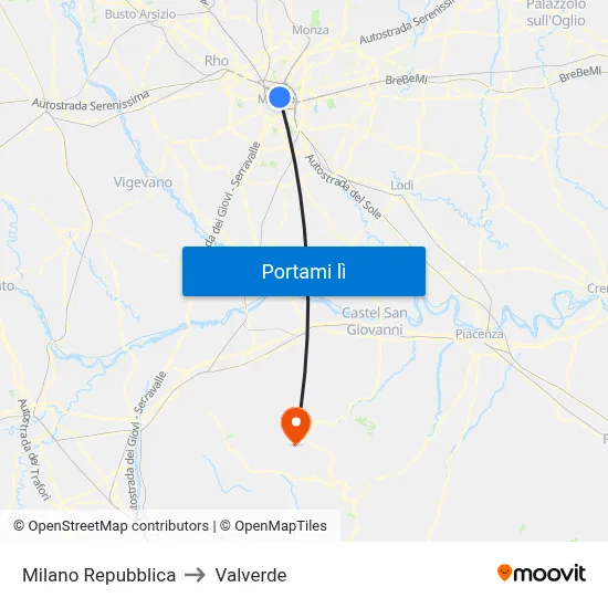 Milano Repubblica to Valverde map