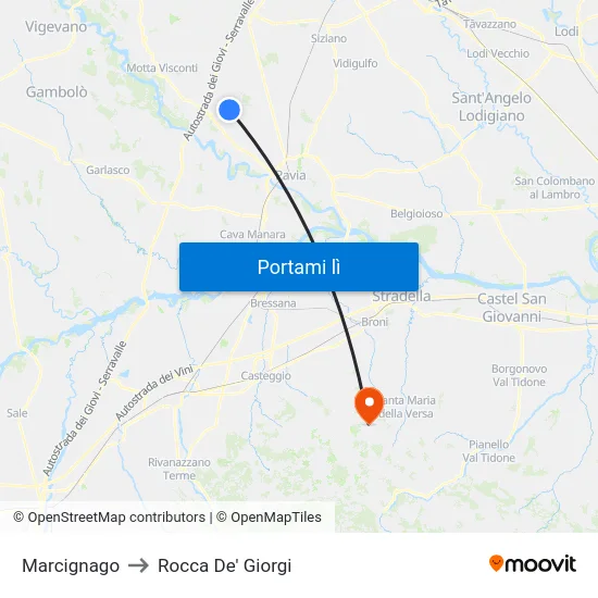 Marcignago to Rocca De' Giorgi map