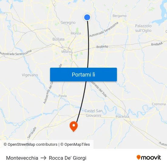 Montevecchia to Rocca De' Giorgi map